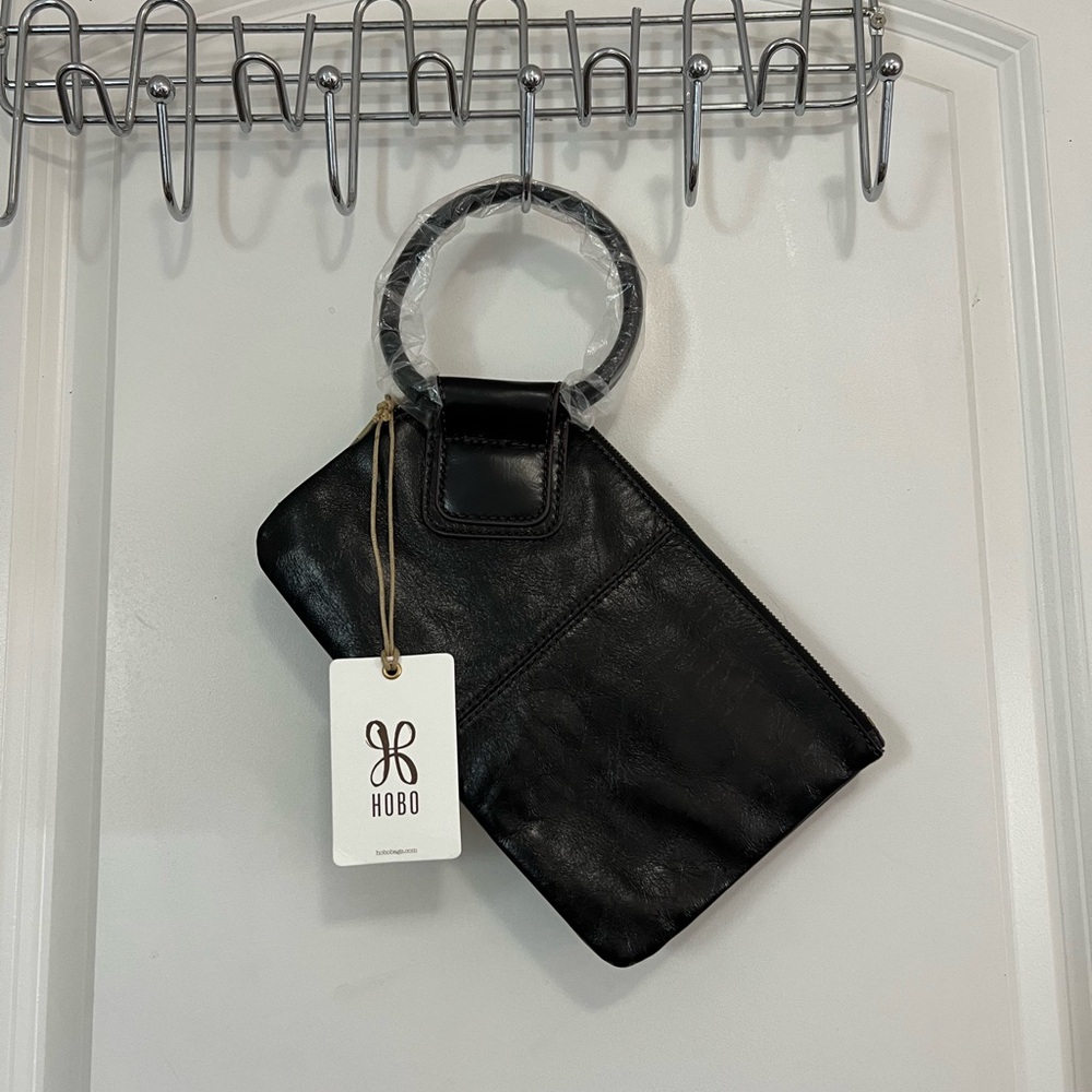 Genuine Black Leather HOBO Wristlet Purse